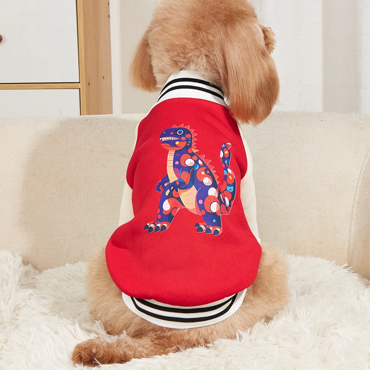 Pet clothes dog cat jacket warm and comfortable clothes with dinosaur print red apricot stitching new style