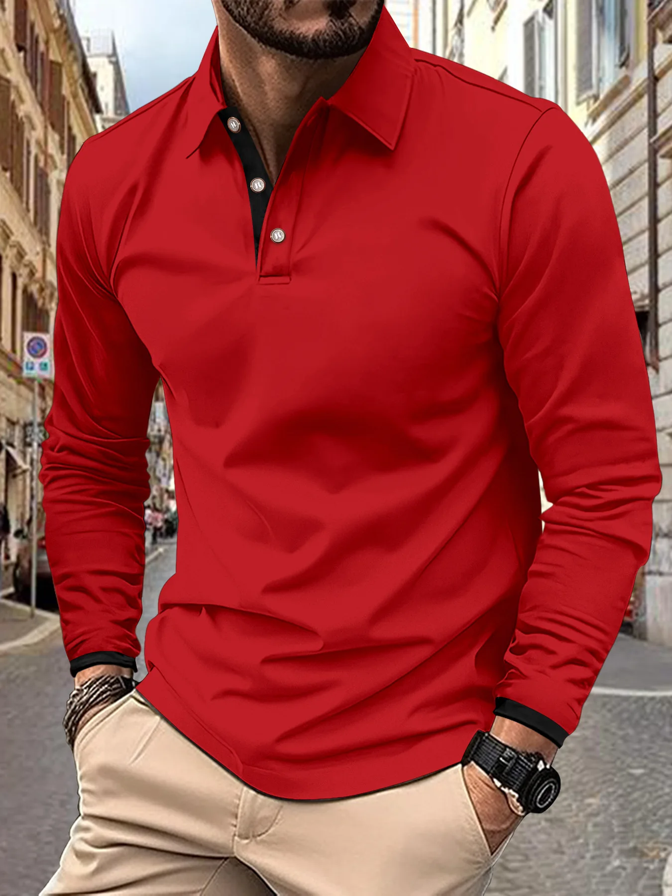 Spring and Autumn men's solid color business slim-fit POLO shirt new color matching lapel long sleeve leisure sports polo shirt