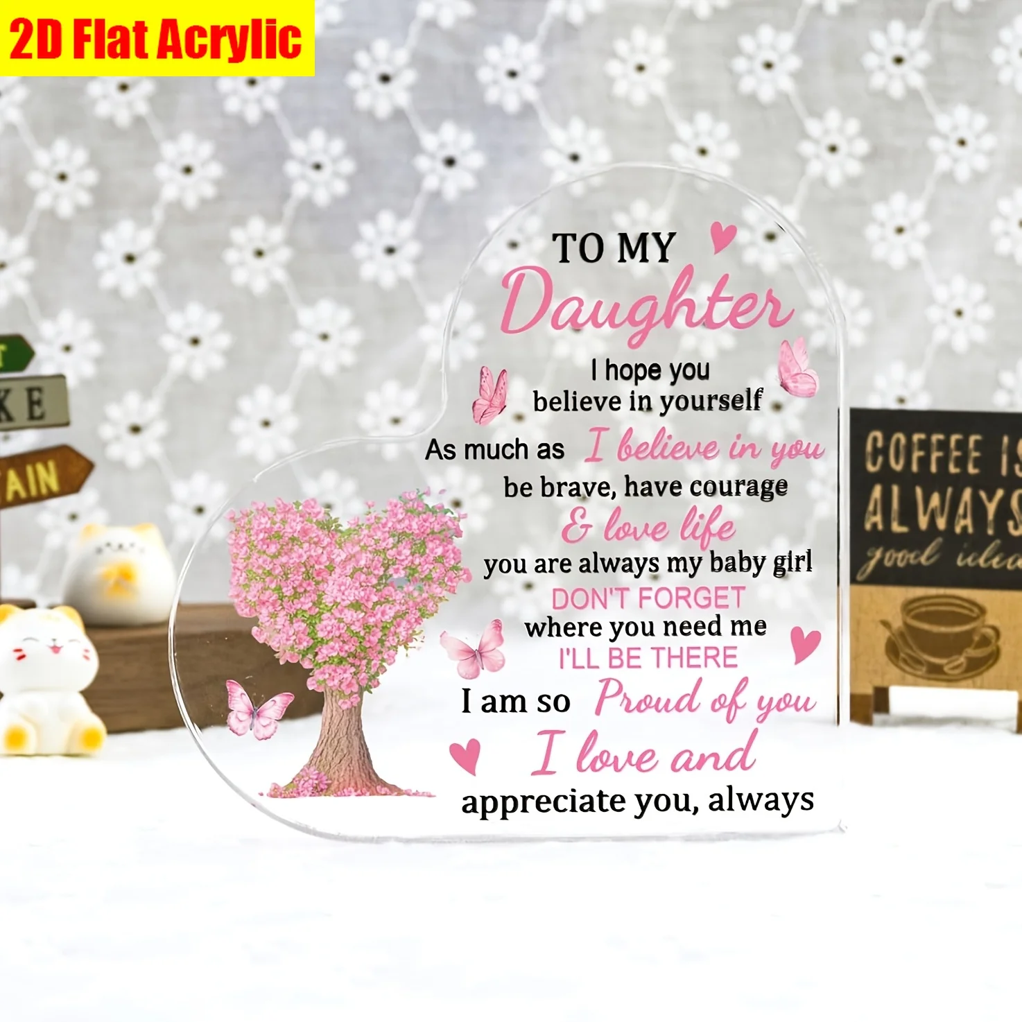 Blooming Pink Heart‑Shaped Tree Butterfly Heart‑Shaped Acrylic Ornament, Sentimental Birthday Holiday Gift for Daughter
