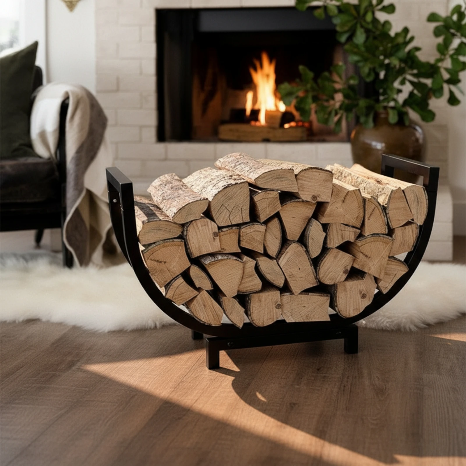 Firewood Storage Rack Floor-Standing Fireplace Log Holder Cradle Log Rack Sturdy Powder Coated for Homeowners, Hearth
