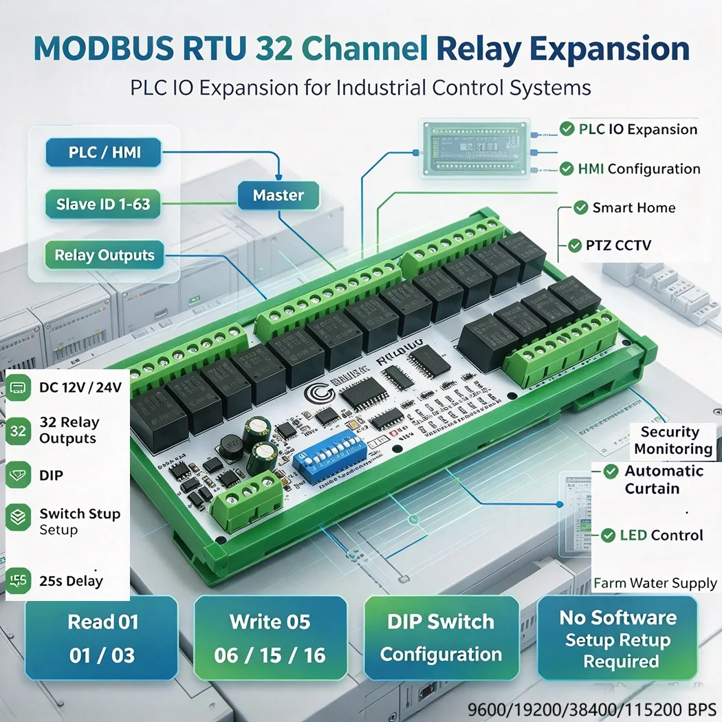 Modbus RTU 32Channel Relay Module DC12V 24V RS485 PLC IO Expansion Board Delay Interlock Self Lock Control DIP Switch