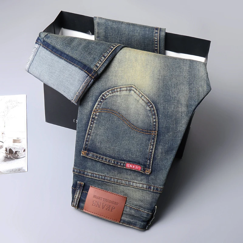 

2025 Spring New Jeans Men's Slim Straight Stretch Cotton Casual Trousers Korean High Quality Nostalgia Washed Denim Pants