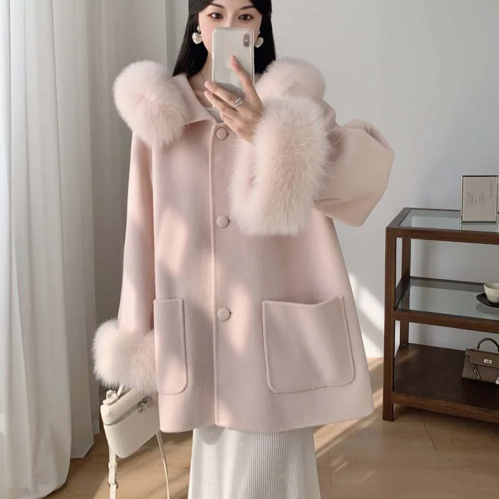 

Осень-зима 2022, новое двустороннее шерстяное пальто для женщин, пальто с воротником из лисьего меха