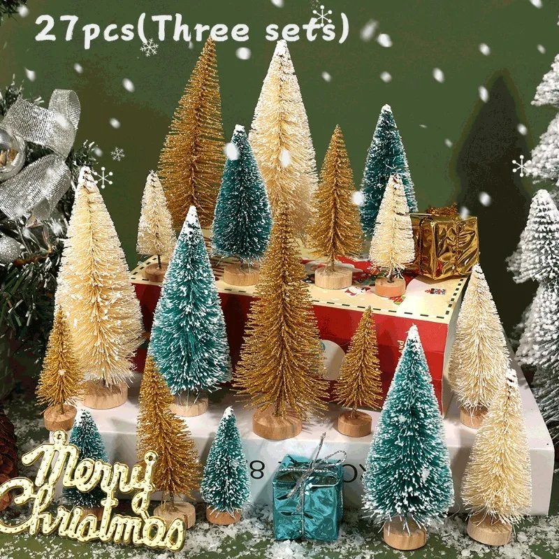 9~27Pcs(9Pcs/set) Small Christmas Tree Cedar Pine Sisal Ornament Artificial Simulation Mini Xmas Holiday Party Indoor Decoration