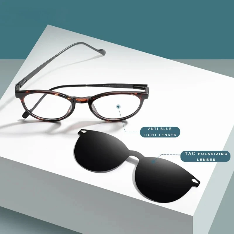 

KIZN Retro Reading Glasses Round Magnet Clip On Women Anti Blue Light Hyperopia Prescription Glasses with Polarized Sunglasses