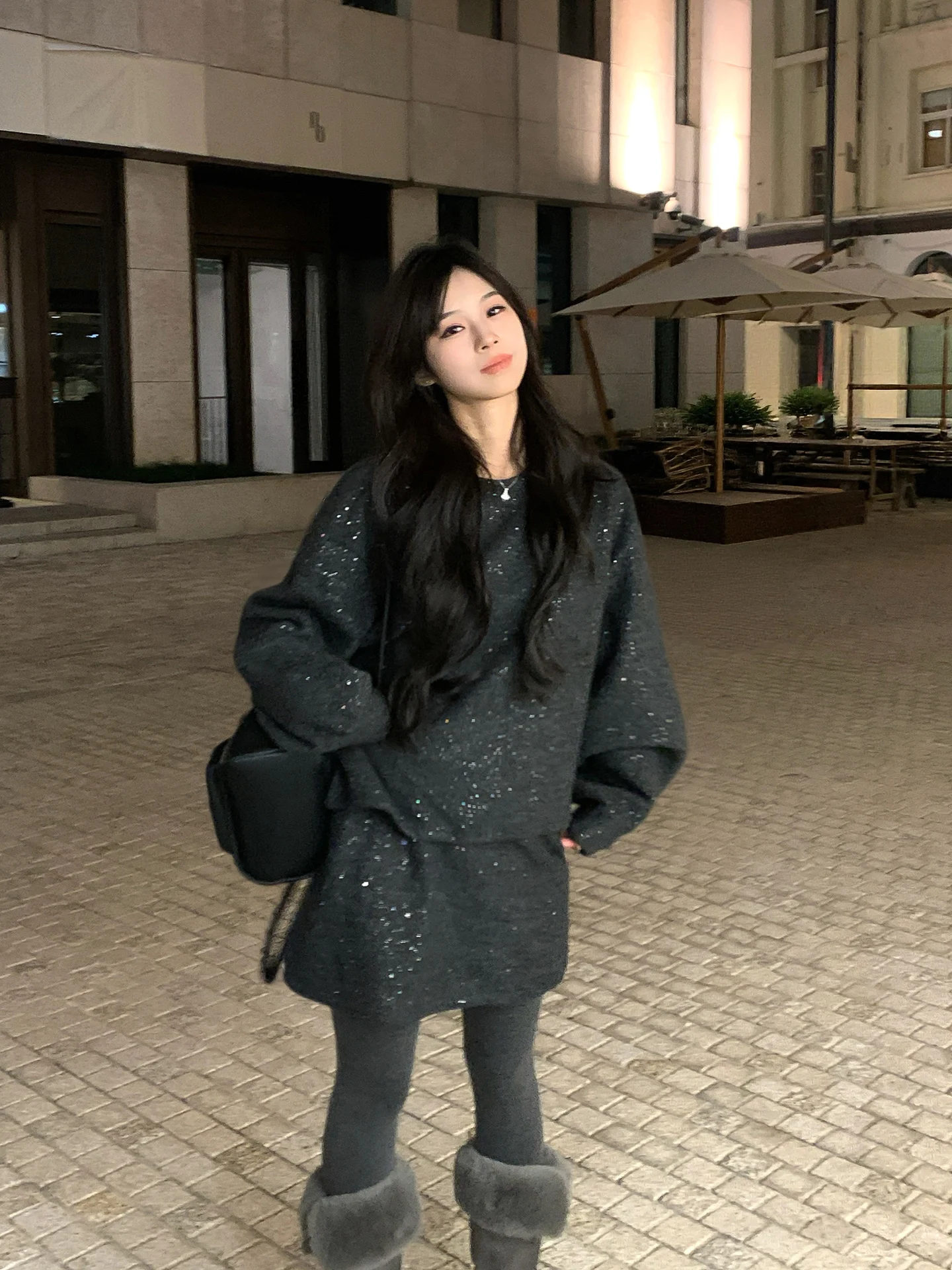 

Adan iny Set Korean Sle Lazy round Ne Base Layer Top A-Line Skirt Winter Casual Faion Women's Two-Piece Suit