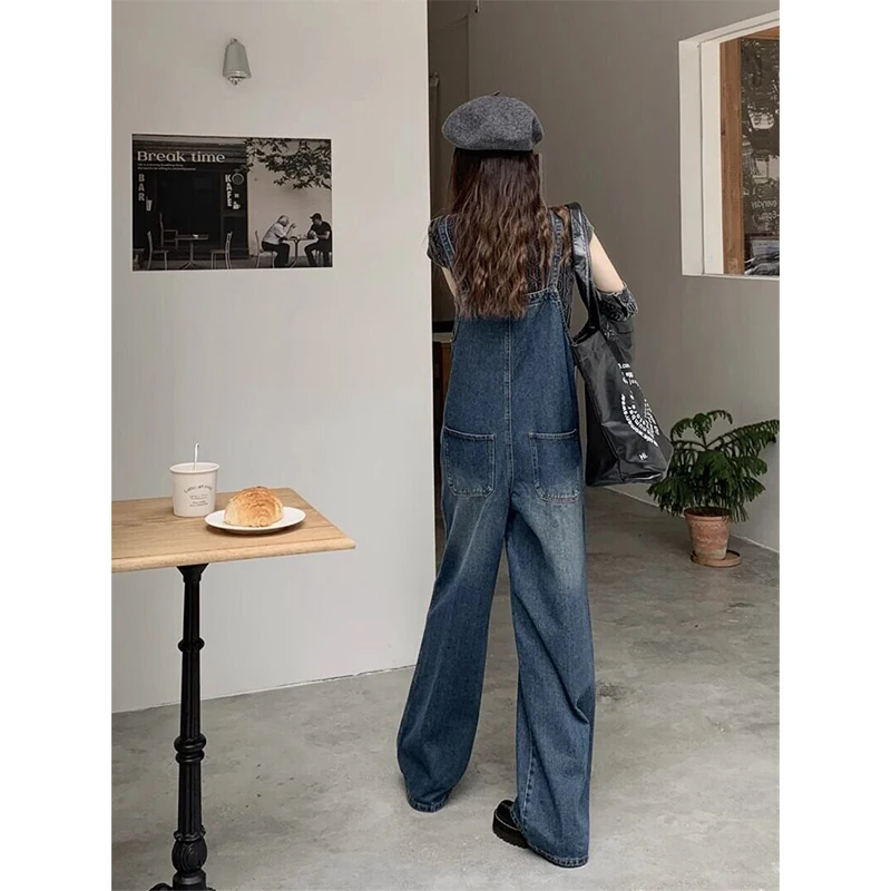 Women's Vintage Denim Overalls 2026 Spring New High Street Loose Fit Wide Leg Jeans Casual High Waist Bib Pants with Pockets