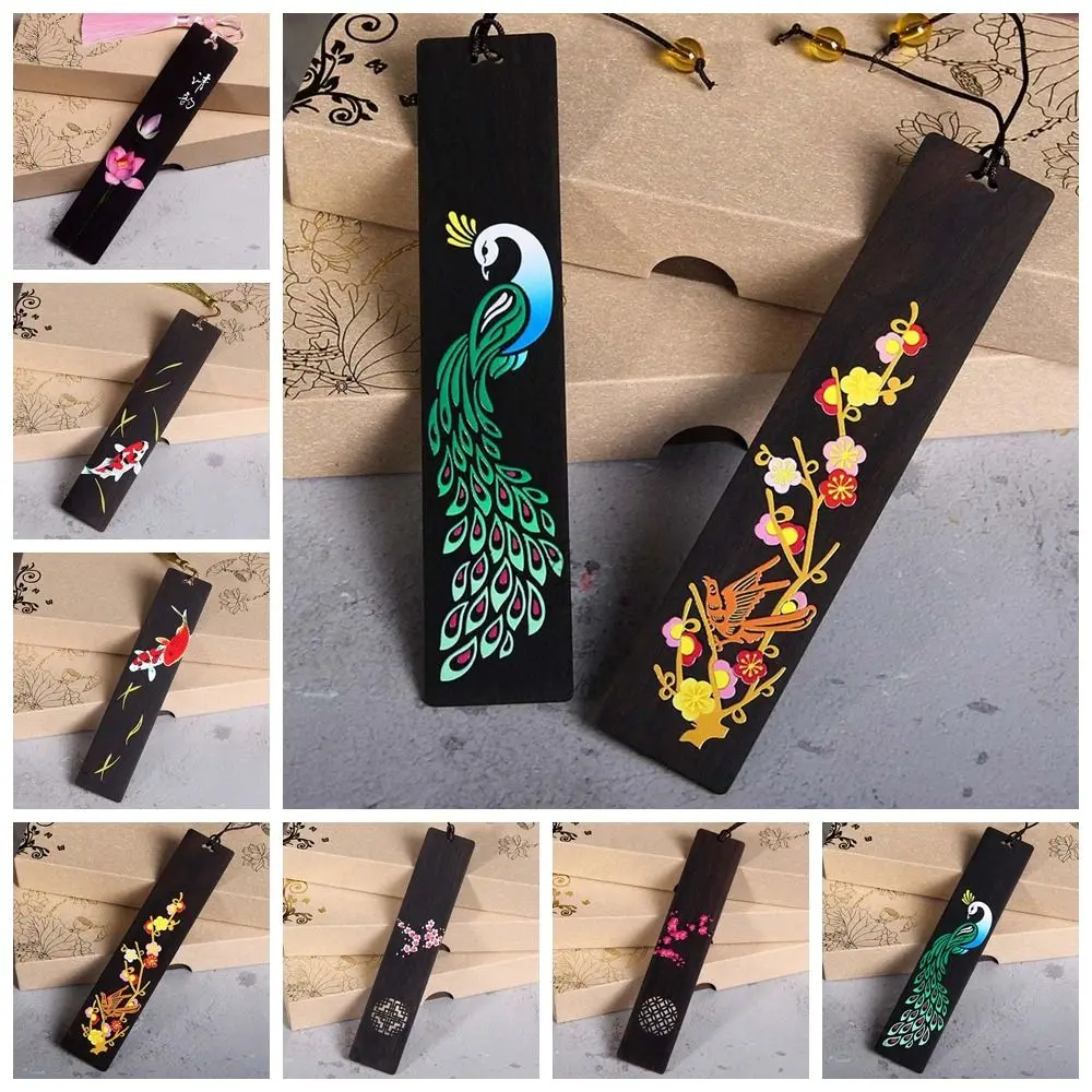 High Quality Wooden Bookmark Color Painted Ebony Book Clip Retro Carving Chinese Style Pagination Mark Students