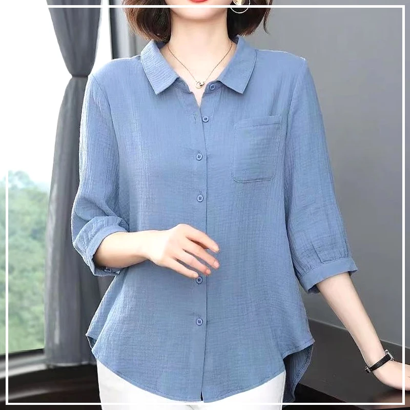 2024 New Summer Casual Loose Oversize Minimalist Fashion Pleated Striped Lapel Solid Color Versatile Three Quarter Women's Shirt