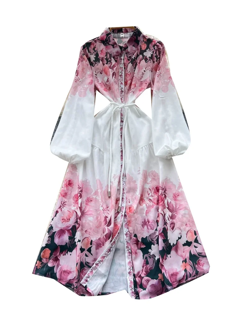 Ele Retro Bloemenprint Dr Gordel Taille Lange Sve Hoge Taille A-lijn Rok Woon-werk Sle Polyestervezel Lange Dr