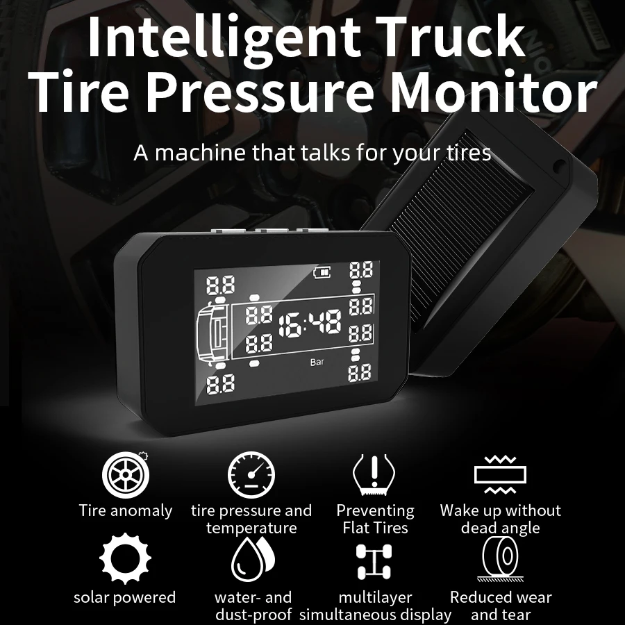 Car RV Truck USB/Solar Dual Charge TPMS Tire Pressure External Tire Pressure Monitori System For 6/8/10/12wheel Truck Max 15 Bar