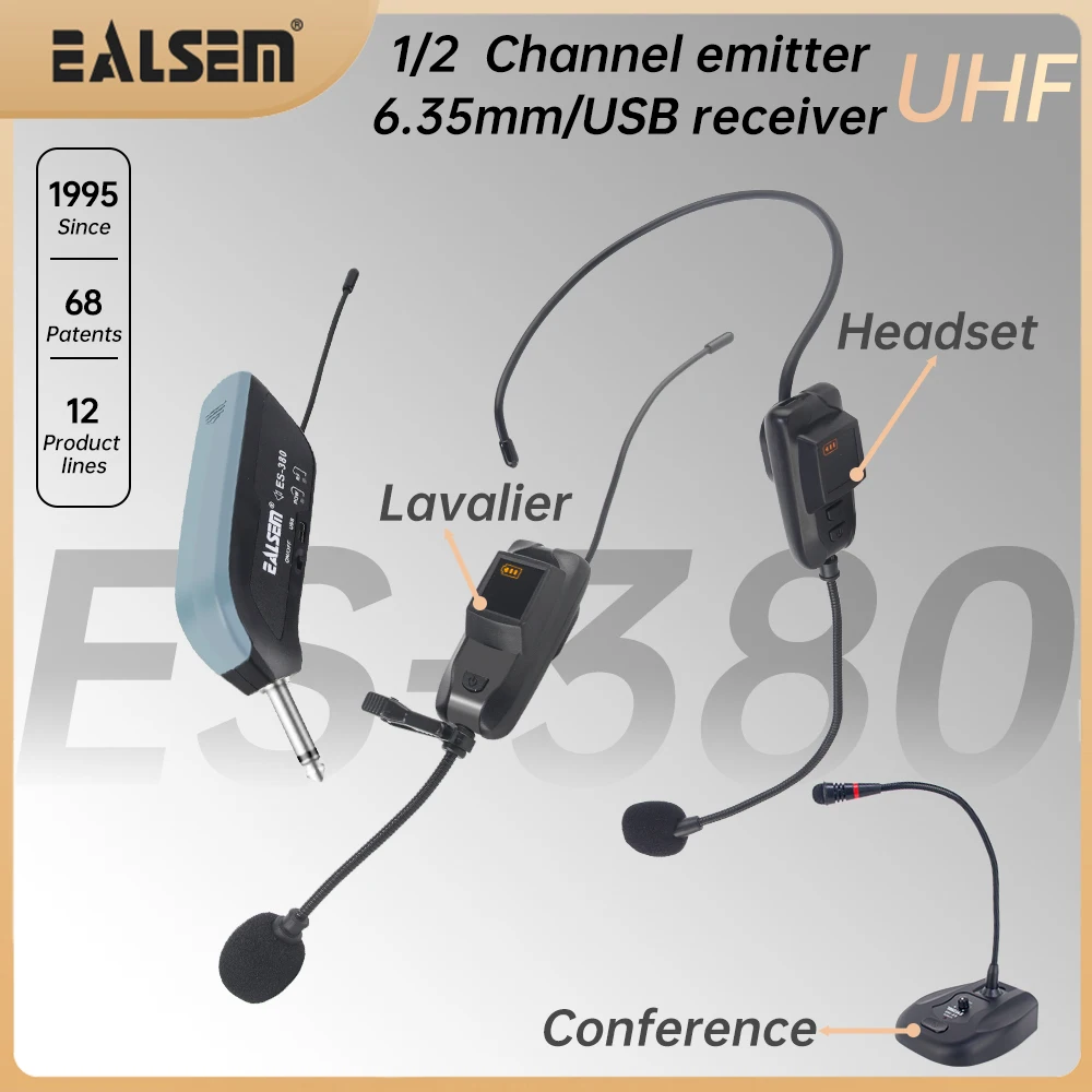 EALSEM 380 UHF 1/2 каналов беспроводной ручной/конференц-связи/петличный/гарнитура микрофон USB/6,35 мм jacks50 640-690 МГц для KTV