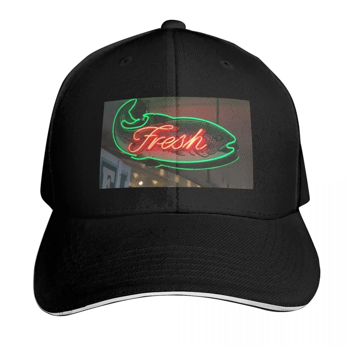 

Neon Fish Market Sign, Seattle Pike Place Public Market, Washington Baseball Cap Streetwear summer hat Hats For Men Women's