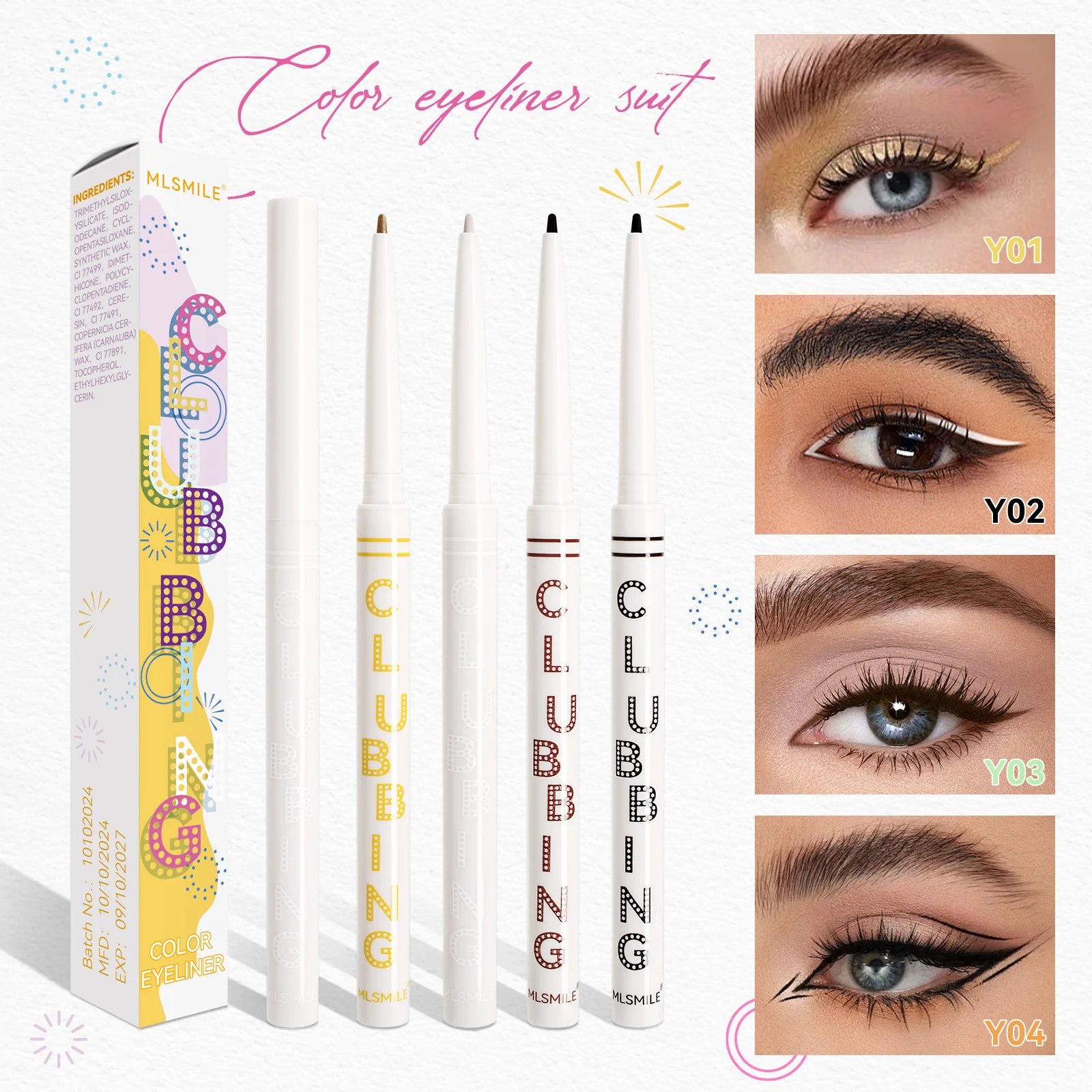 Gel-eyelinerpotloodset 4-kleuren Zwart Bruin Naakt Wit Vlekbestendig Ultraslank Natuurlijke uitstraling Dagelijkse set