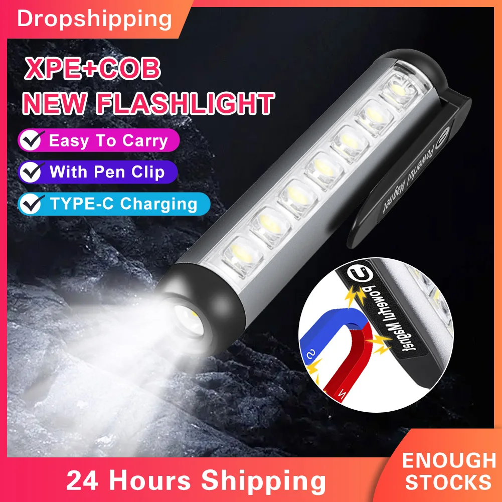 2000LM Pen Holder Flashlight Mini Portable 7 COB Side Light Waterproof Flashlight Indoor Outdoor Camping Emergency Lighting Tool