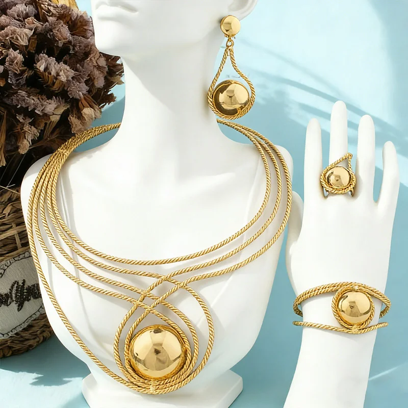 

Fashion Jewelry Large Necklace 18K Gold Jewelry Set Women's Earrings Bracelet Ring Design African Bride Wedding Party Accessorie