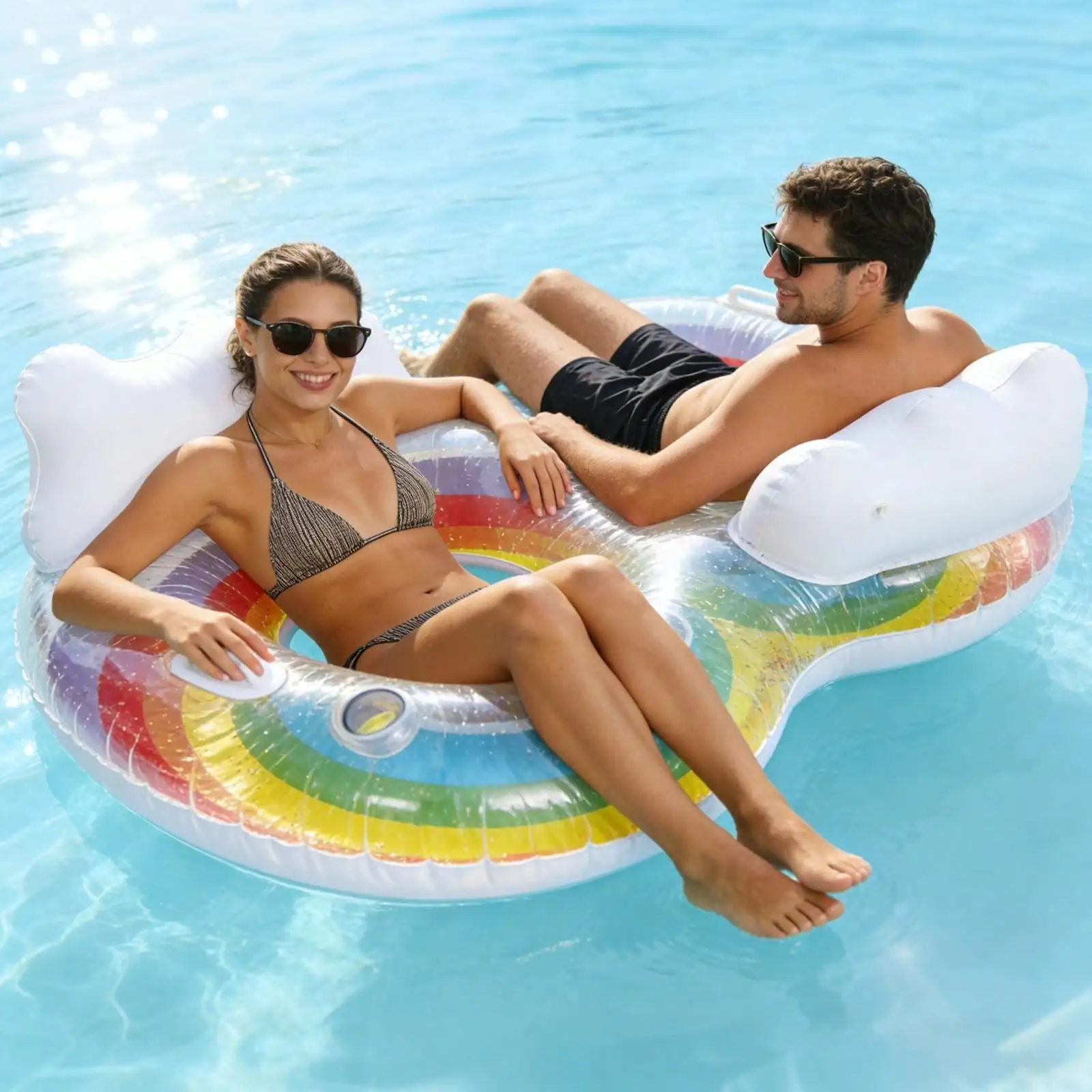 

2 Person Swim Ring Pool Float, Double Lounger For Relaxing, Rainbow Inflatable Float For Adults, Pool, Lake, Party, Pool Inflatable, Beach Essentials, Pool Float