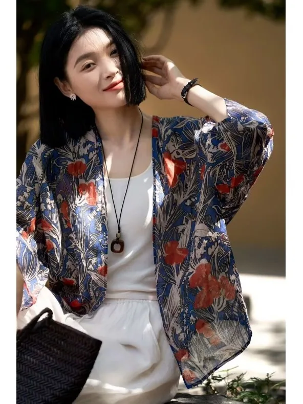 

Retro Flax Oil Painting Print Loose Lightweight Summer irt Women's Top Air Conditioning Outerwear V-ne Long Sve