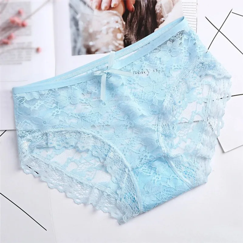 Solid Color Lace Panties For Women Hollow Mesh Bow Lingerie For Women Embroidery Low Waist Briefs Sexy Women's Underwear