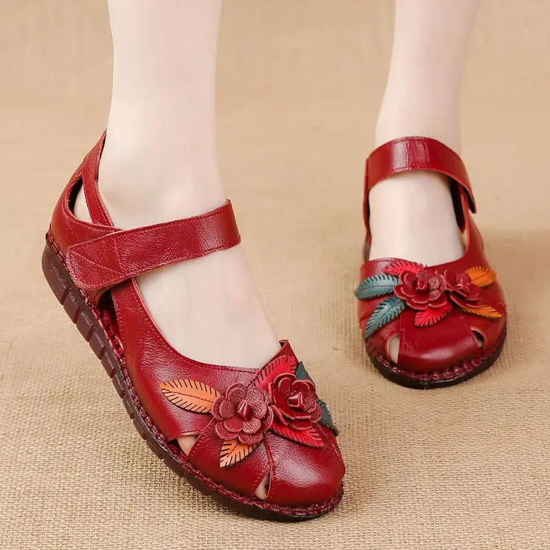 

Vintage Red Flat Heel Genuine Leather Sandals Woman Summer Hollow Out Shoes Mom Women Retro Flower Orthopedic Sandals for Ladies