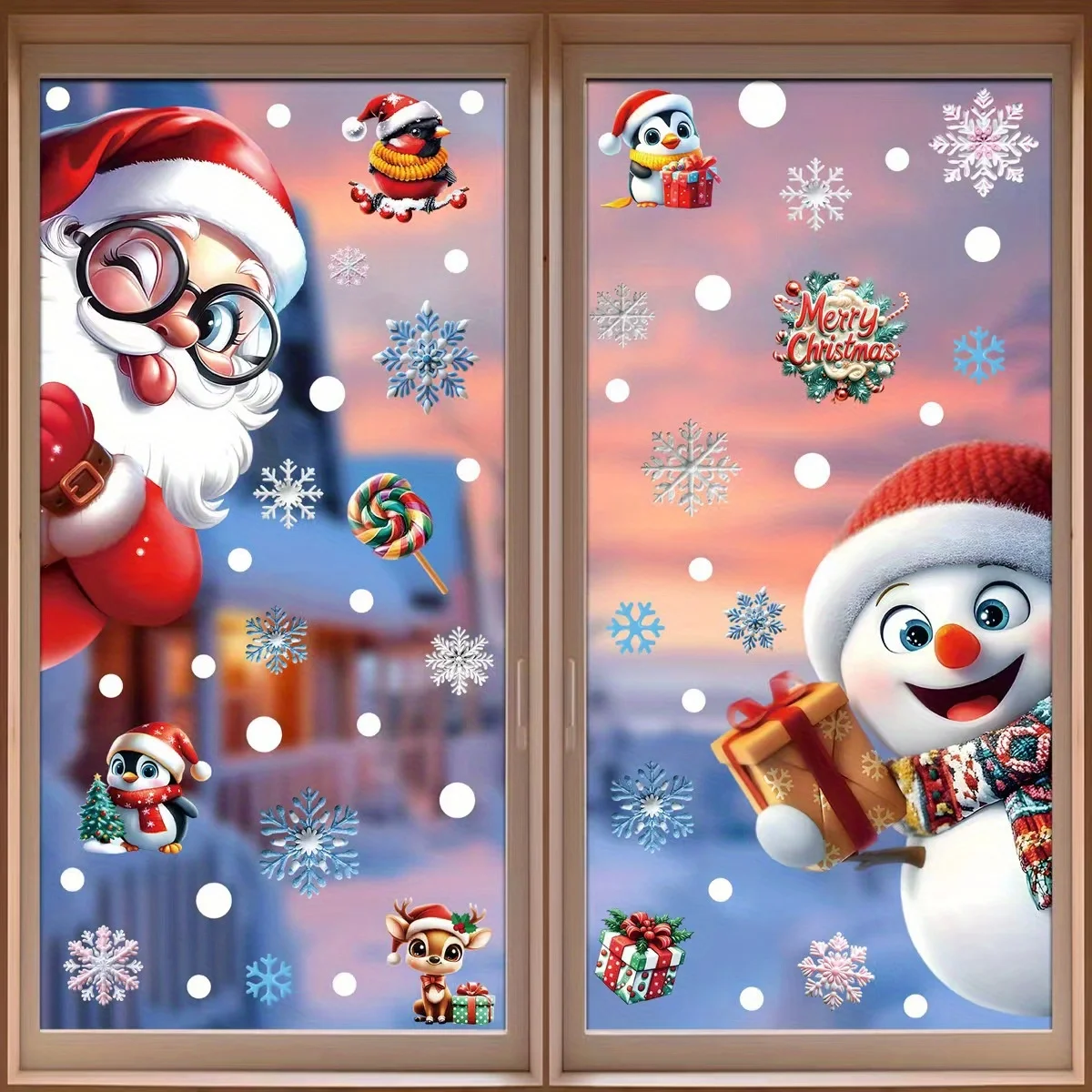 2/4 Blatt statisch haftende Weihnachts-Fensteraufkleber, Weihnachtsmann, Schneemann, Schneeflocken, abnehmbare Vinyl-Aufkleber für Zuhause, Geschäft, Dekoration