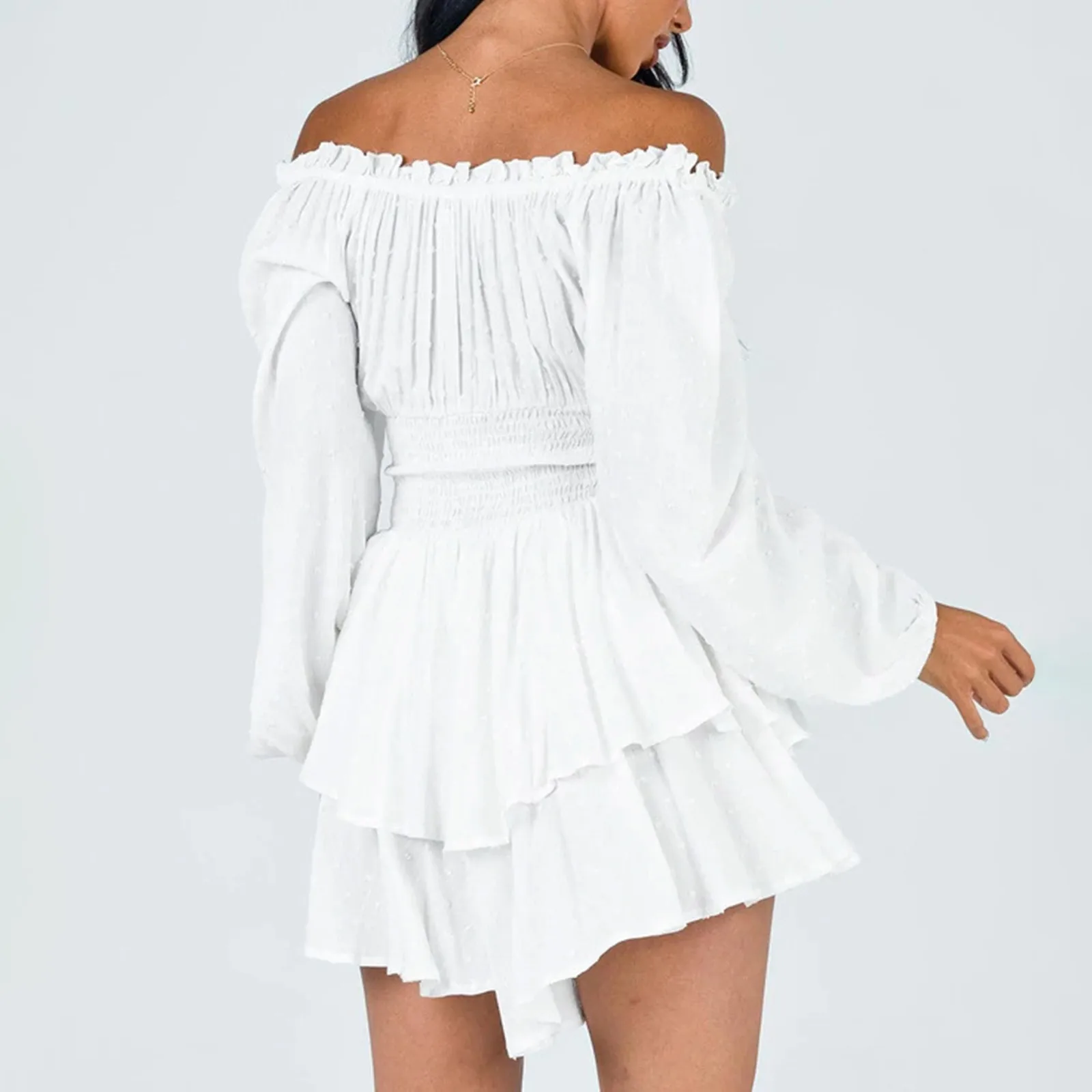 Ladies Ruffled Layered Chiffon Culottes Long Sleeve Crew Neck Off Shoulder Swing Mini Flowy Cotton Romper Dress Solid White 2024