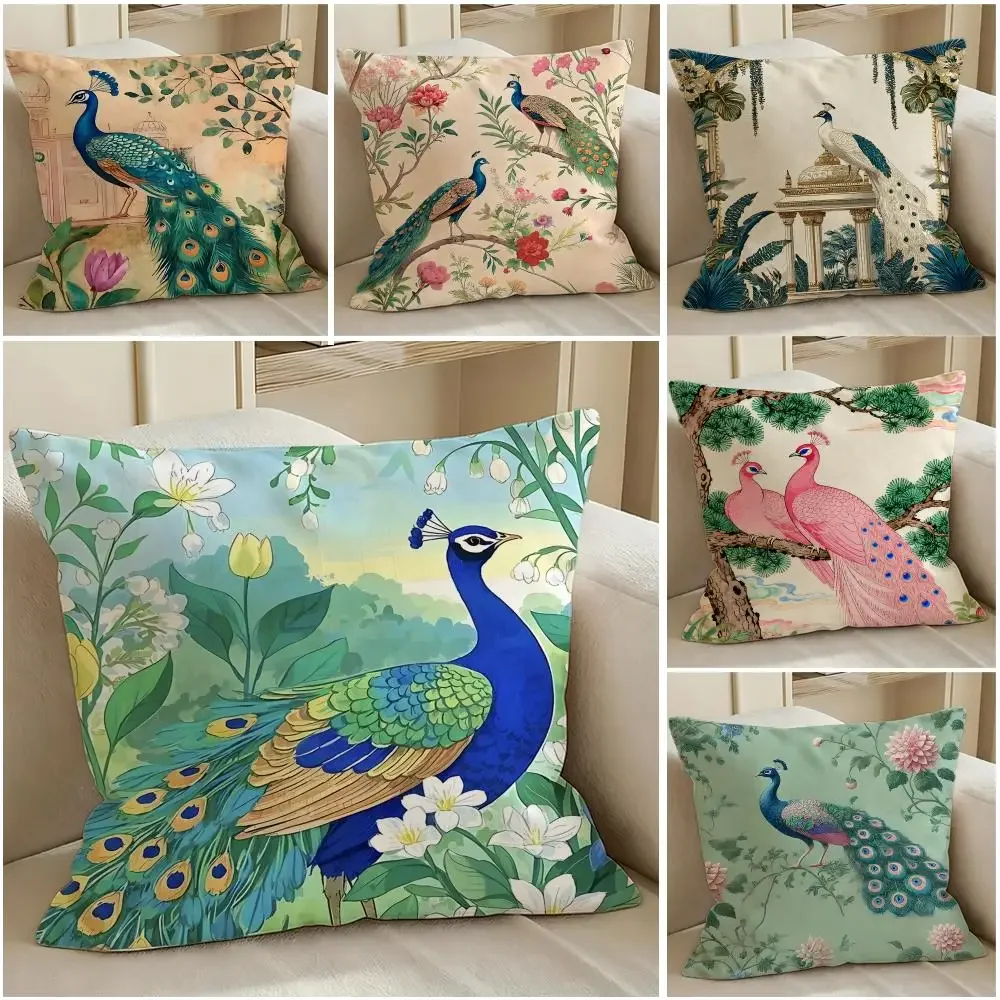 Art Mughal Garden with Peacock Cushion Cover Pillow Short Plush Warm CreamStylel Cushion for Living Room Bedroom Sofa Ideal