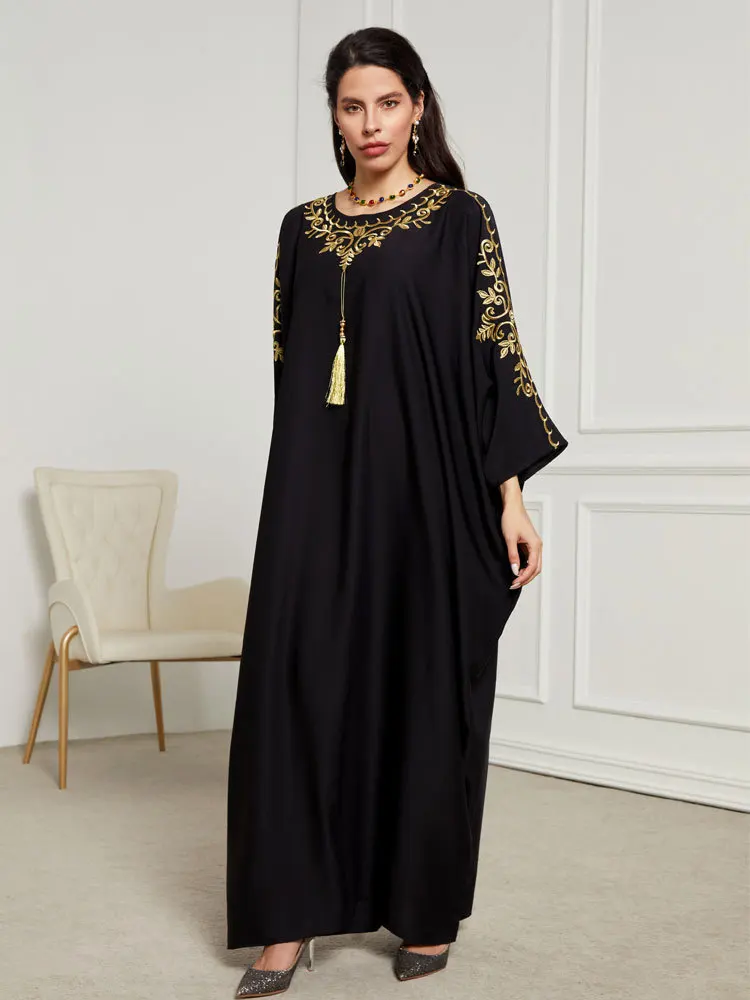 Muslim Batwing Sleeve Tassel Embroidery Kaftan Corban Eid Al Adha Party Evening Dress Moroccan Turkey Dubai Abaya Women Robe