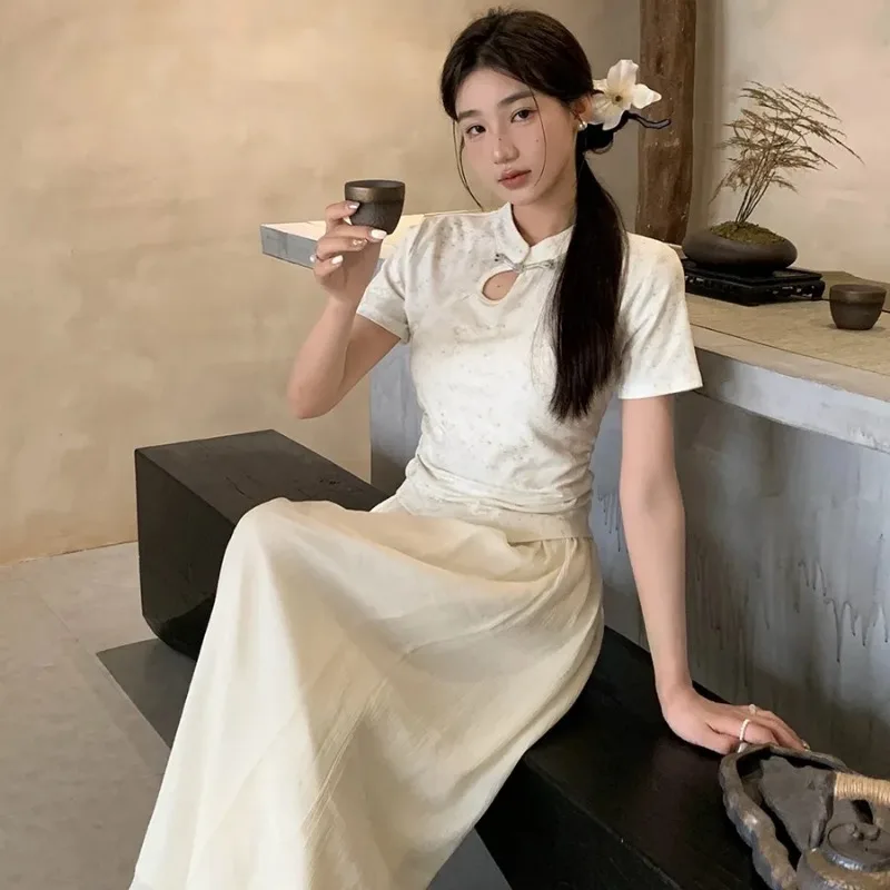 

Womens Retro 2 Piece Set Cheongsam Style Short Sleeve Top and Wide Leg Skirt Pants Summer Casual Outfit