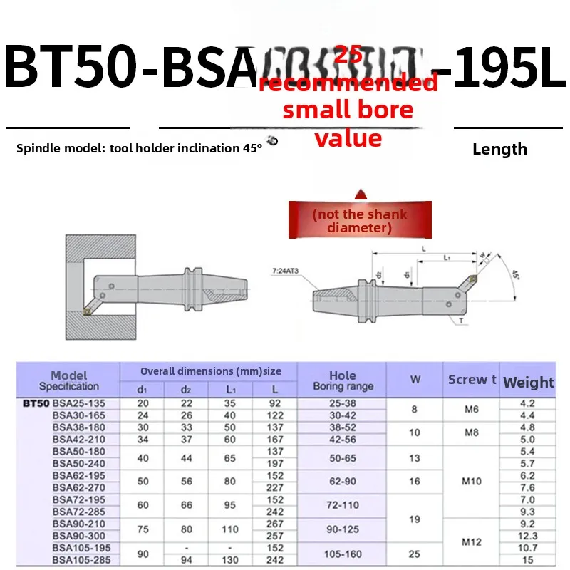 BSA oblique insert 45 degree rough boring shank, high precision BT50-BSA25/30/38/42/50/62/72/90