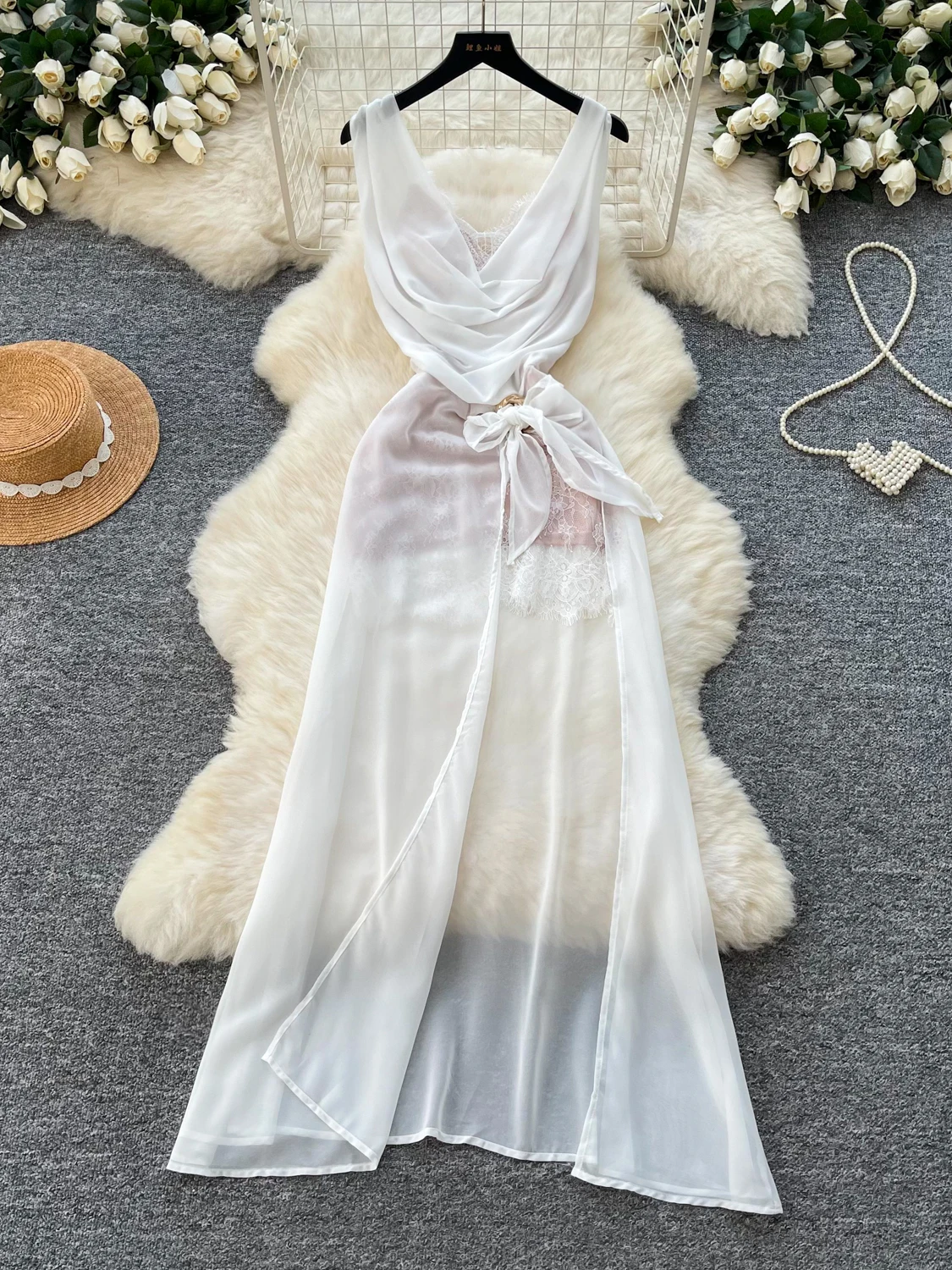 Elegant White Sleeveless High Waist A-Line Dress for Women Commute Lady Style Autumn Clothes Holiday Wear Polyester Fiber