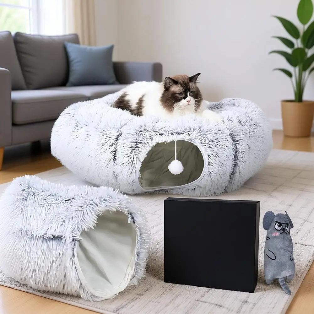 

Cat Tunnel Bed with Soft Fabric Interior - Large Donut Cat Tunnel, Cat Cave, Hiding Spot, Kitten Doughnut Tunnel, Tunnel Toy Bun