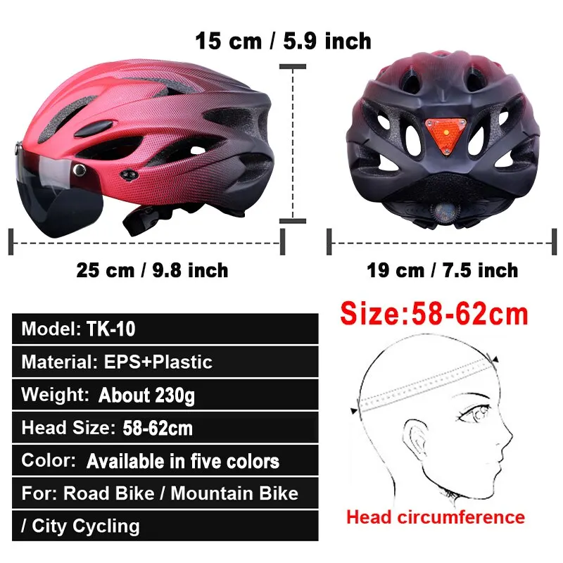 Bike Helmet with LED Tail Light Adult Cycling Helmet Fit 58-62cm Lightweight Breathable Colorful Bicycle Helmets Accessories