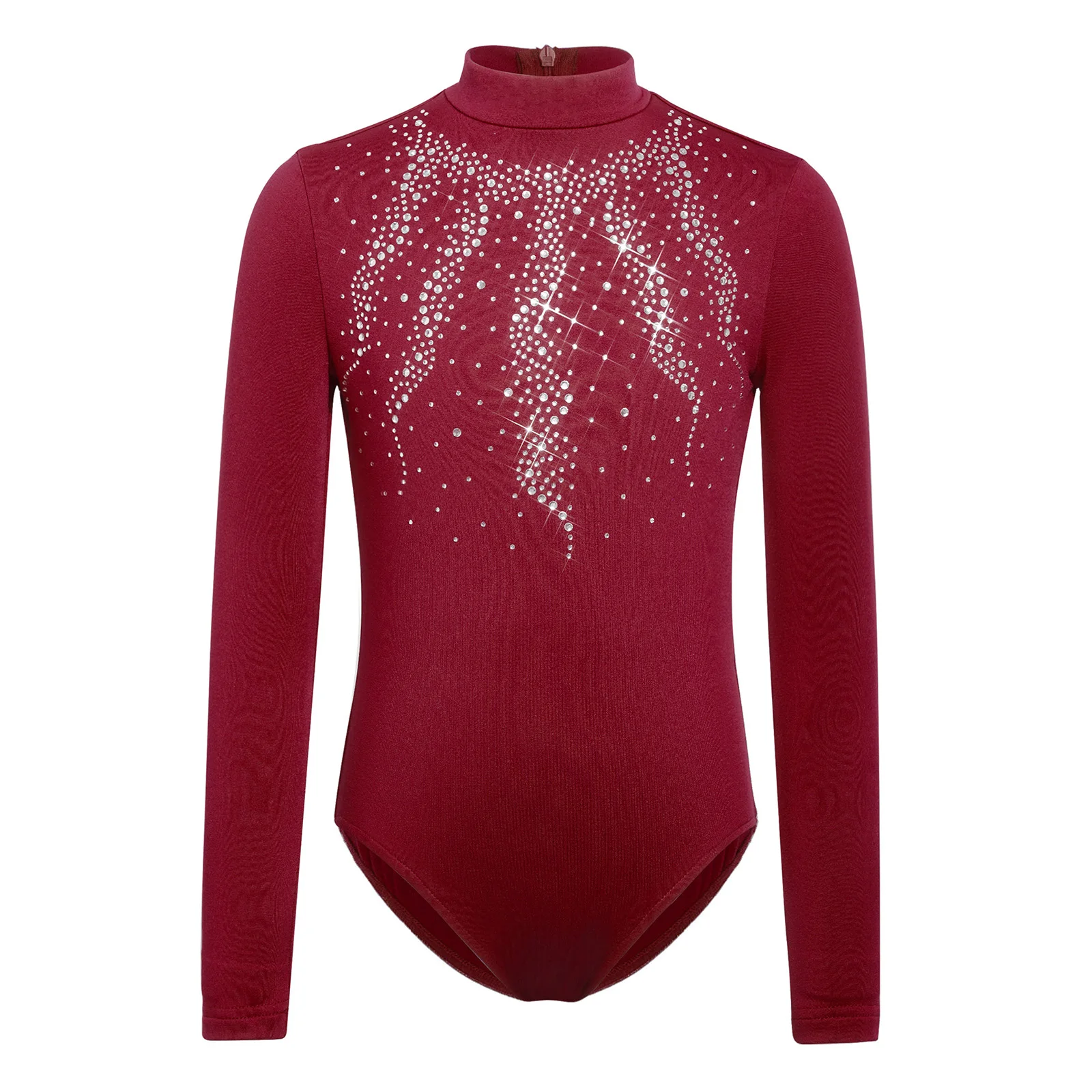 

Kids Girls Ballet Dance Gymnastics Leotard Thin Fleece Lined Long Sleeve Shiny Rhinestone Zipper Bodysuit for Figure Skating