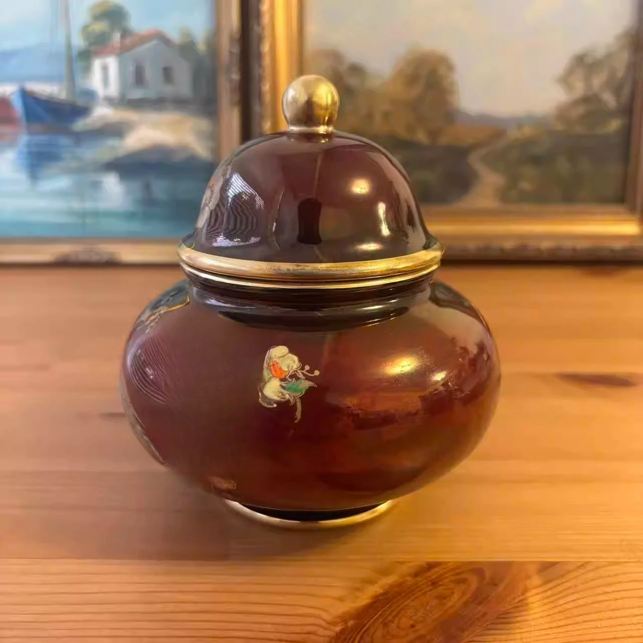 Antique porcelain, enamel glaze painted flower and bird general jar