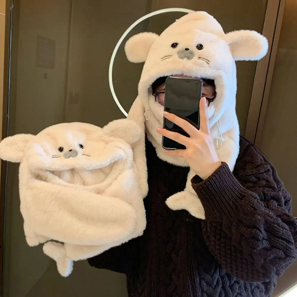 Fashion Fleece Seal Hooded Scarf Cute 3 in 1 Earflap Hat Soft Warm Winter Cap Streetwear