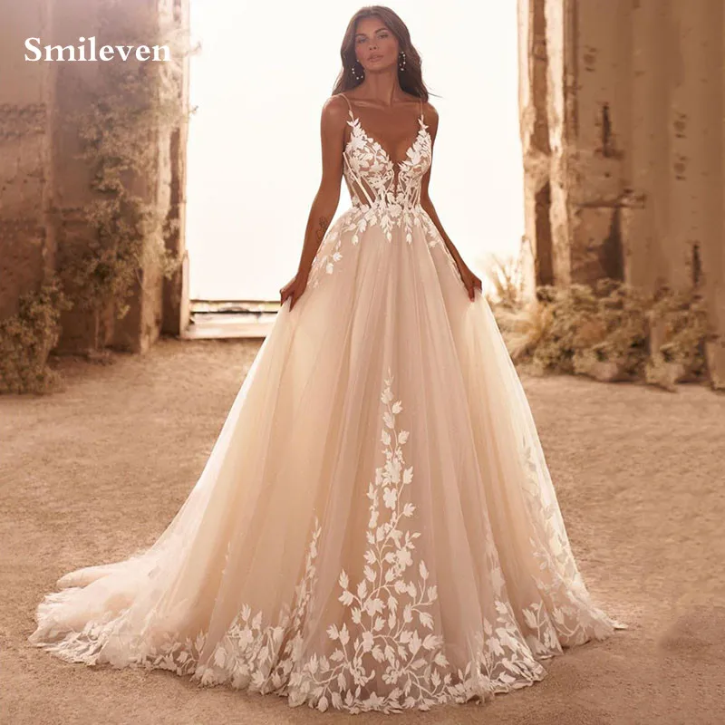 

Smileven Spaghetti Strap Lace Wedding Dress A Line Backless Bride Dresses Robe De Mariee Puff Tulle Appliques Wedding Gowns