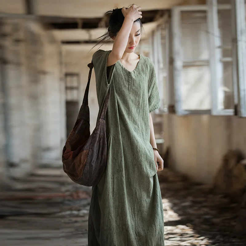 

2026 Spring Women's Ramie Cotton Tie Dye Maxi Dress Chinese Style Casual Home Travel Long Dress