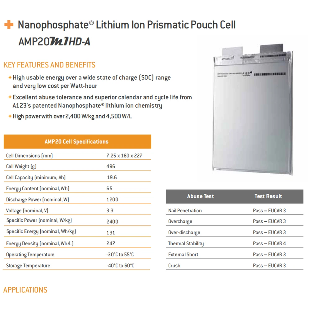 3.2V 20AH Rechargeable Lithium Li-ion polymer batteries For A123 Systems Lifepo4 Battery 20000mah Original  Power Battery Pack