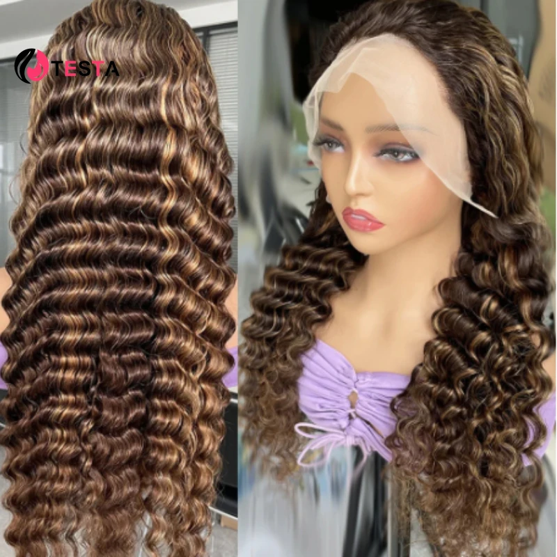 Highlight Lace Front Echthaar Perücken p427 vor gezupft leimlos für Frauen Deep Wave transparente Spitze Verschluss Perücke frei Teil