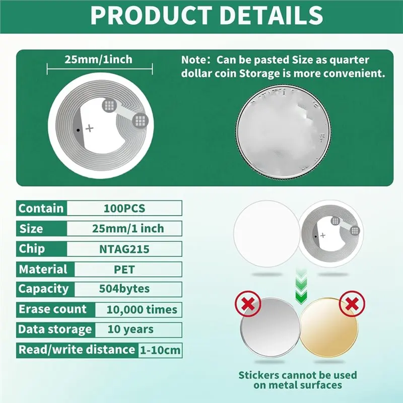 【NEWLY】Adhesive NFC Tags- High-Capacity 100Pcs Rewritable Ntag 215 For Most NFC-Enabled Devices
