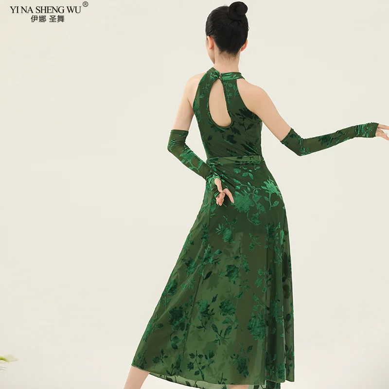 Classical Dance Costume Dark Green Long Dress Women Jacquard Chinese Style Cheongsam Sheath Hole Sleeveless Evening Party Dress