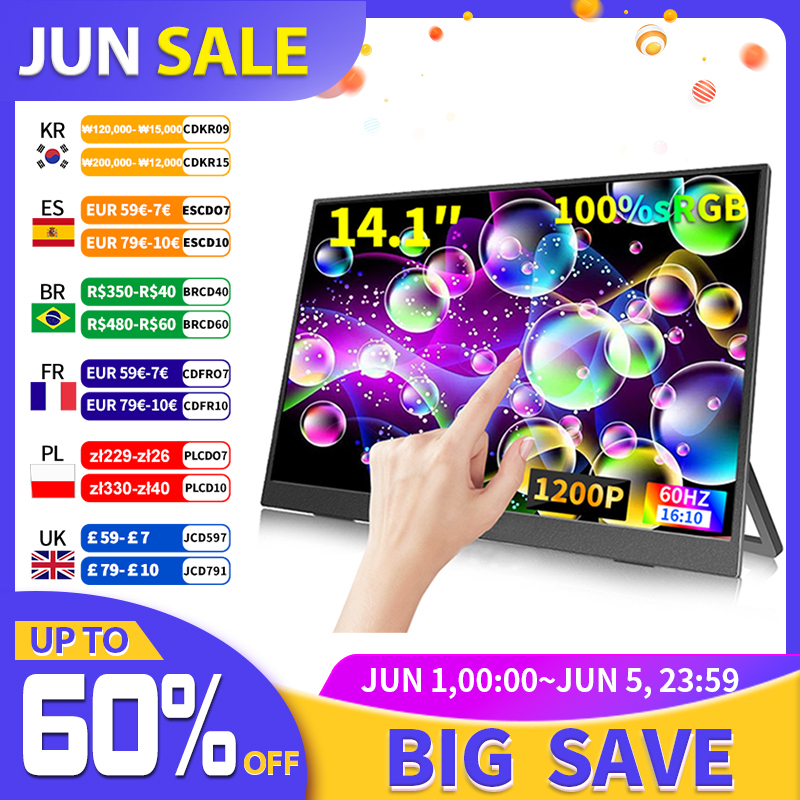 14.1 Inch Touch Screen Portable Monitor 100%sRGB 400cd/m2 Gaming Computer Expand Display For XBox PS4/ 5 Switch Loptop
