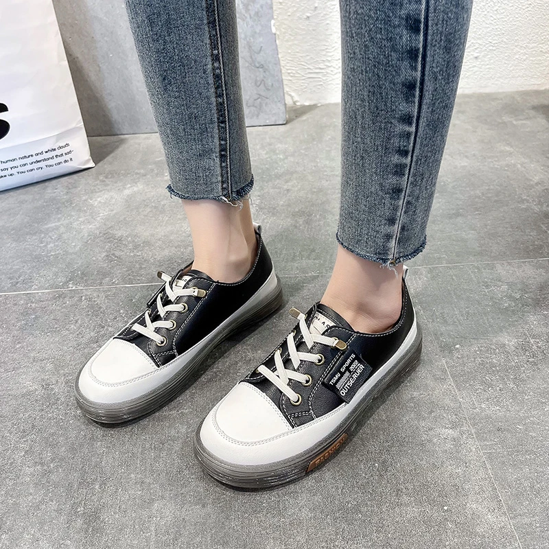 New Sneakers Sport Shoes Women Natural Genuine Leather Flat Casual Shoes Female Flats Lace Up White Court Sneakers Ladies Flats