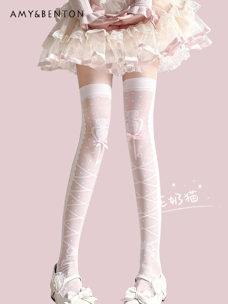 

Lolita Knee High Socks Stockings Sexy Women Summer New White Cross Hold-Ups Thigh High Socks Sweet Cute Girl Bow Lolita Socks