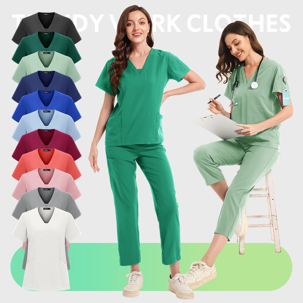 スクラブユニフォームセット医療看護手術スクラブユニフォーム半袖トップス+パンツ通気性弾性作業服卸売