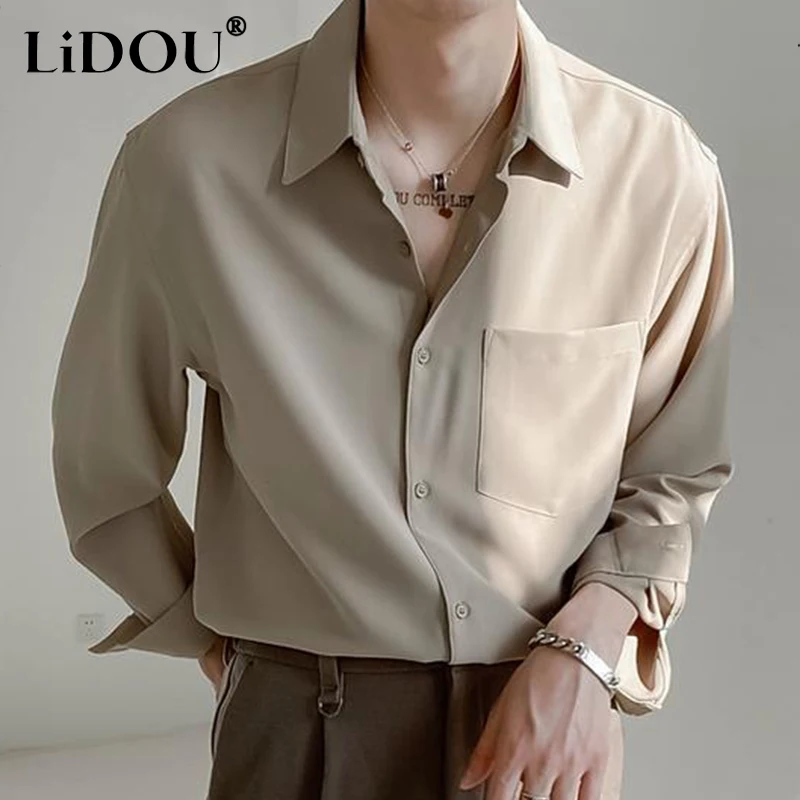 Spring Autumn Trendy Fashion High-end Male Blouse Long Sleeve Simple Casual Chic Shirt Loose Drape Solid Color All Match Top Men