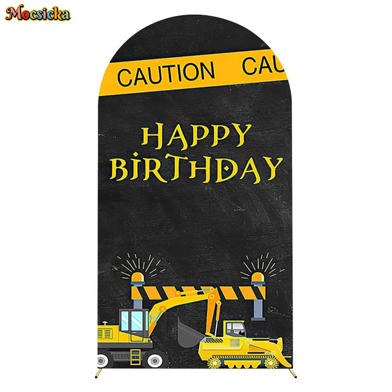 Excavator Truck Arch Double-Sided Fitted Top Covers Construction Baby Shower Backdrops Boy Birthday Party Decor Photo Background