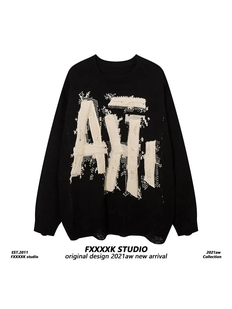 

Оригинальный осенне-зимний свитер в американском стиле High Street, модный, свободный, с лоскутным дизайном и вышивкой, для пар.