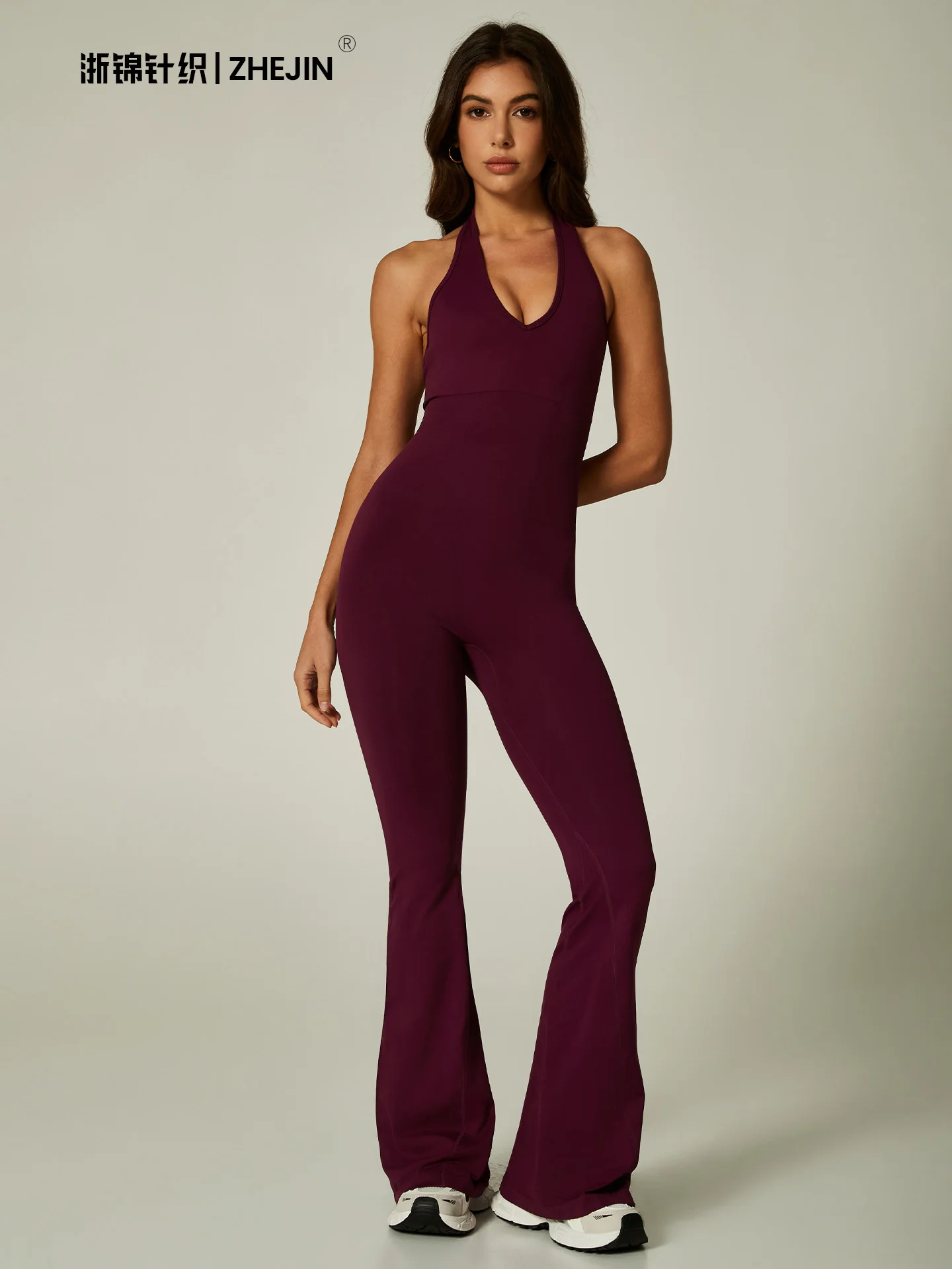 

Sexy V Neck Halter Jumpsuit Women Flare Leg Yoga Romper Backless One Piece Gym Workout Bodysuit Tummy Control Fitness Activewear